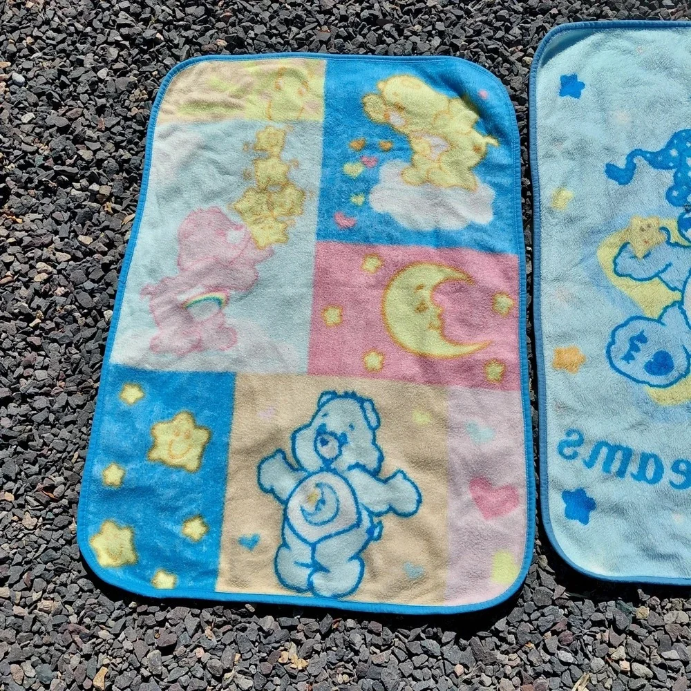 2 Vtg Care Bears Sweet Dreams Bedtime Bear Toddler Baby Blanket Blue Fuzzy Z